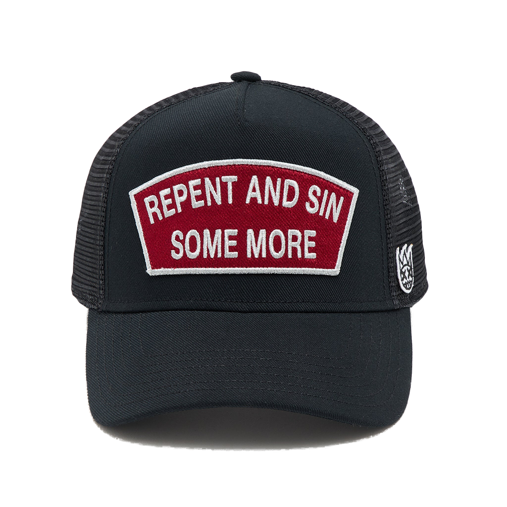 Cult's Logo Mesh Back Trucker Hat "Repent And Sin Some More" in Black