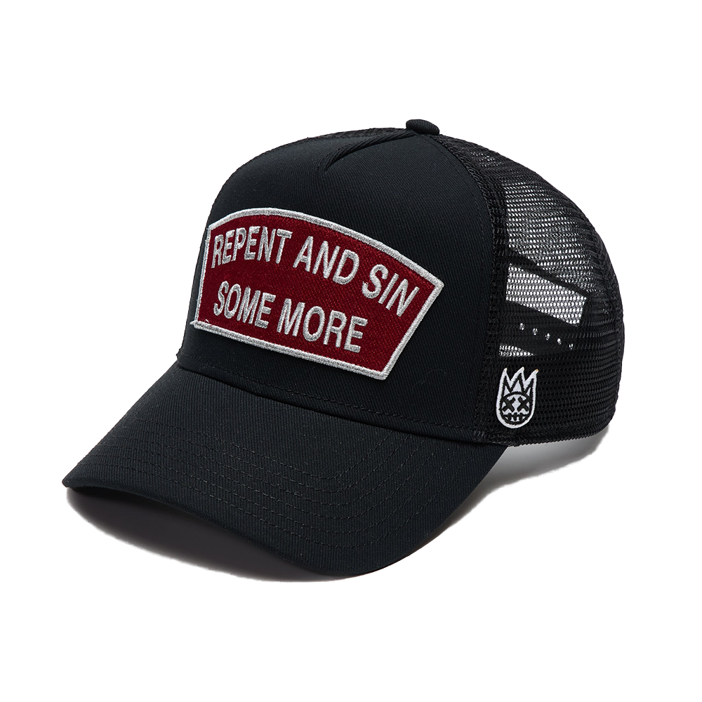 Cult's Logo Mesh Back Trucker Hat "Repent And Sin Some More" in Black